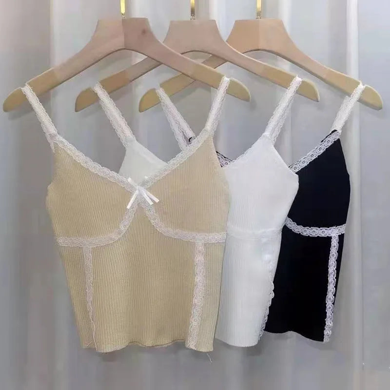 ITOOLIN Women Lace Up Crop Tops V-Neck Knitted Camis Short Slim Underwear Tops Straps Tops for WOmen 2025 Summer