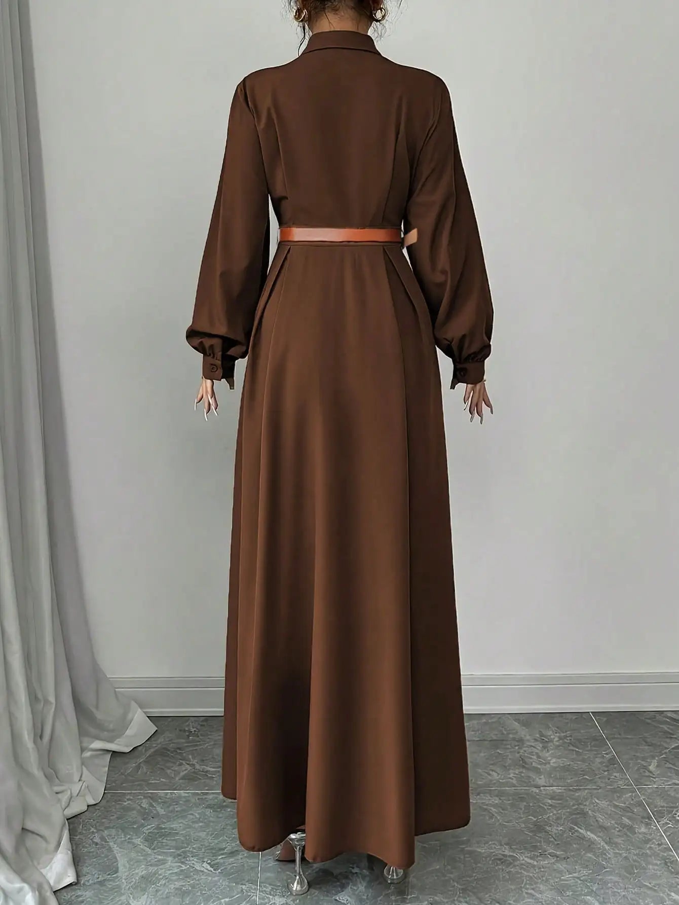 Women's Elegant Long Lantern Sleeve Office Dress Fashion Pleated A-Line Maxi Dresses Autumn 2026 Casual Long Shirt Vestidos