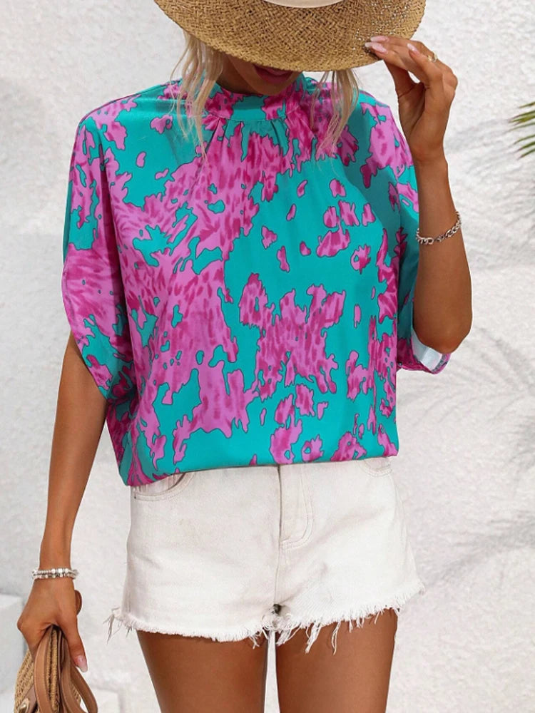 Spring Summer Women's Random Print Stand Collar Batwing Sleeve Short Sleeve Shirt Casual Chic Top for Ladies