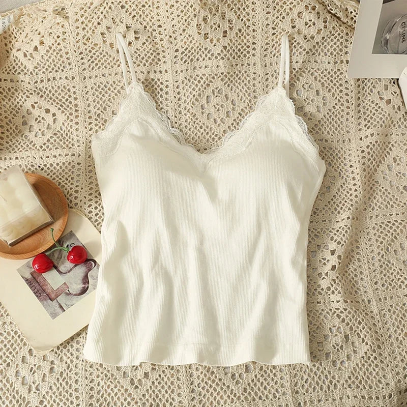 ITOOLIN Summer Women Solid Backless Tank Top With Bra Pad Lace Patchwork Spaghetti Sexy Crop Top Sweet Backless Cotton Camis Top