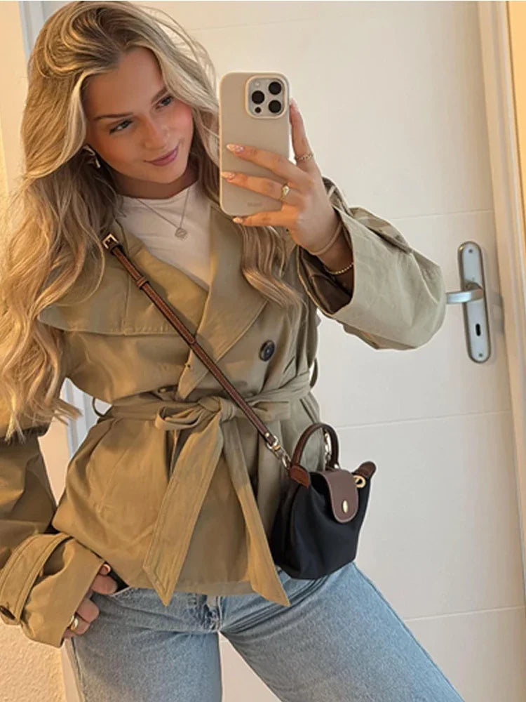 Women Solid Lace Up Trench Coat Elegant High Neck Double Breasted Full Sleeve Windbreaker Lady Fashion Street Casual Daily Coats