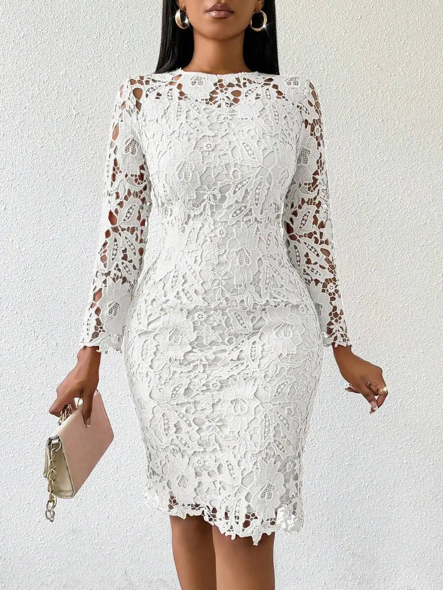 White Floral Lace Crew Neck Midi Dress with Long Sleeves for Party or Office
