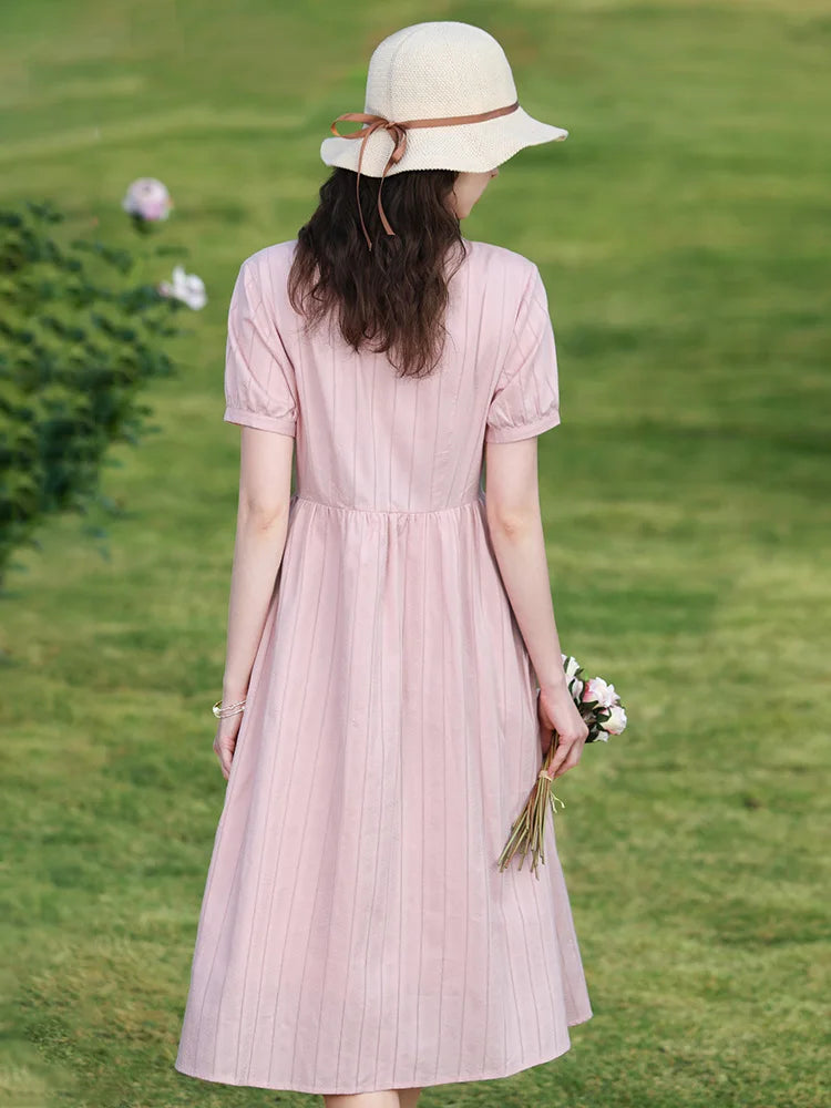 I BELIEVE YOU Women Dresses 2026 Summer Pink Embroidery Short Sleeve New Elegant Retro Slim Midi A-Line Chic Dress 2242055682