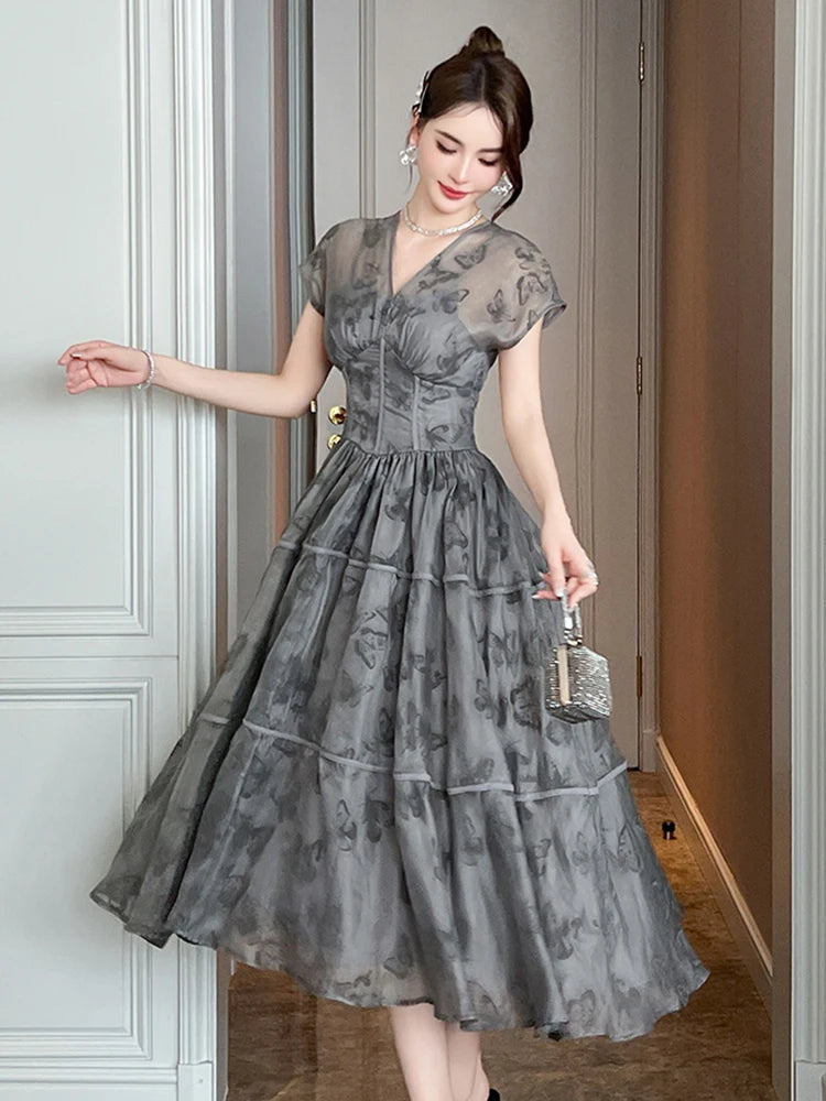 Women's French Retro Long Dress Fashion Grey Printed Short Sleeve Corset Large Swing Ball Gown Femme Party Banquet Vestidos