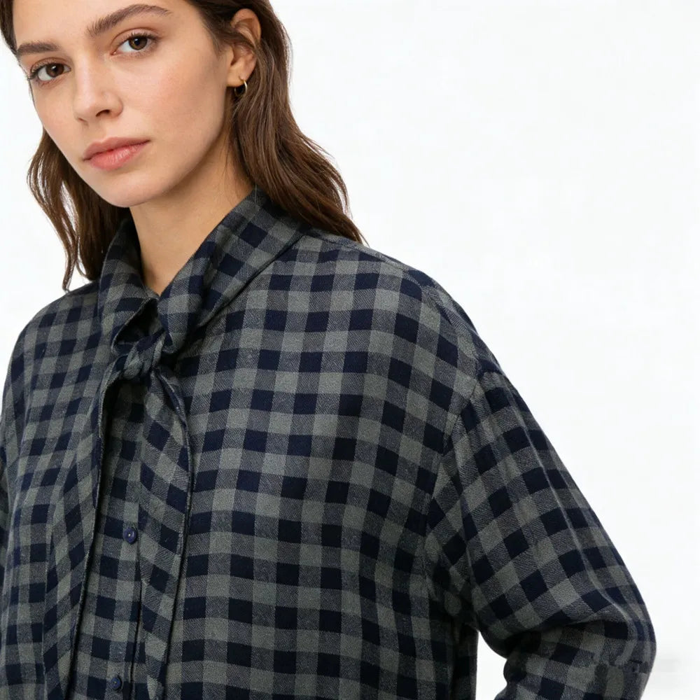 Plaid Shirts Women Loose Tie Bow Single Breasted Long Sleeve Lazy Shirt Women 2026 Spring New Boyfriend Style Streetwears Tops