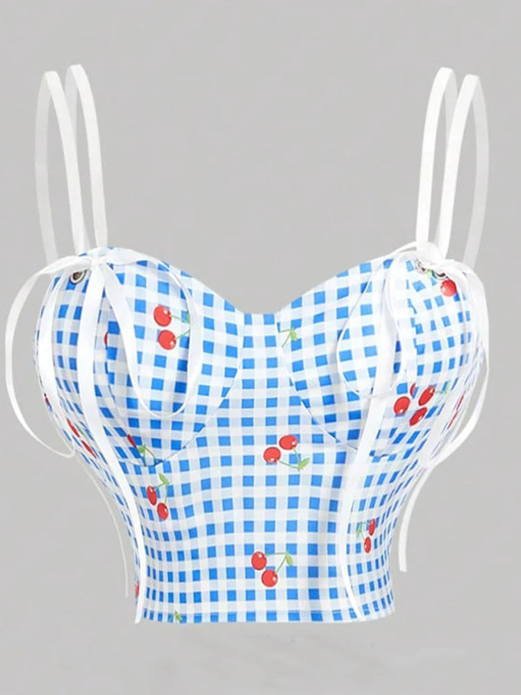 Women's Blue and White Checkered Cherry Print Two-Piece Set: Camisole Top + Flared Mini Skirt Sweet Retro Vacation Outfit