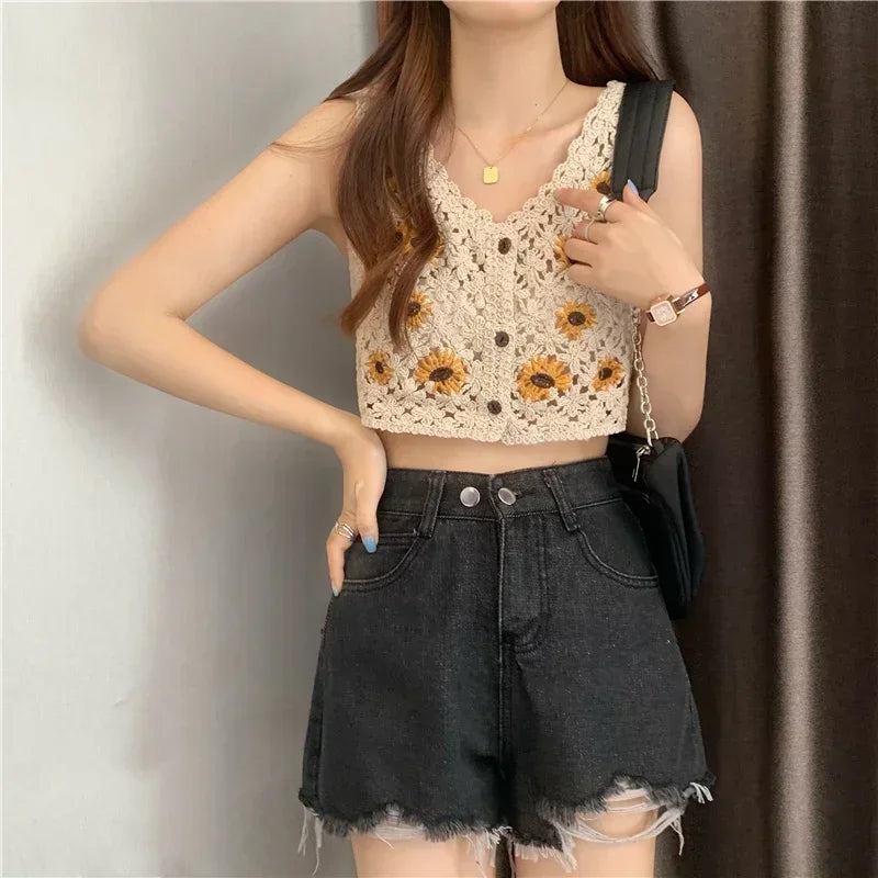 ITOOLIN Summer Women Floral Embroidery Sweet Tank Top Hollow Out Boho Sexy Crop Top Female Buttons Knit Cardigan Tops 2024