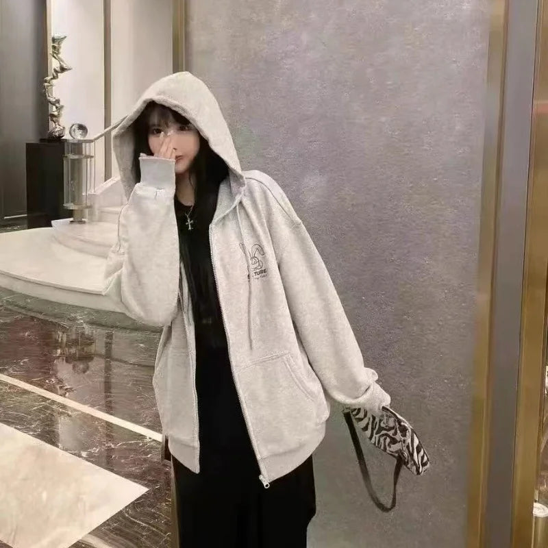 Women Embroidery Print Sporty Chic Hoodies Casual Zip Up Long Sleeve Loose Jacket Coats Harajuku Hooded Sweatshirts Streetwear