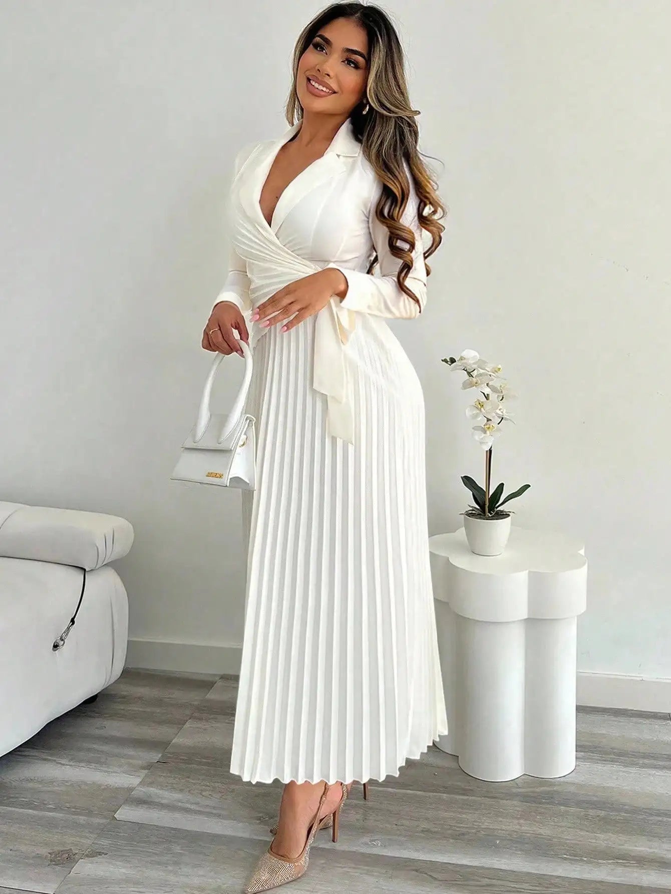 Women's Wrap Front Pleated Shirt Dress with Cinched Waist, Long Sleeve, V-Neck, Office to Evening Wear