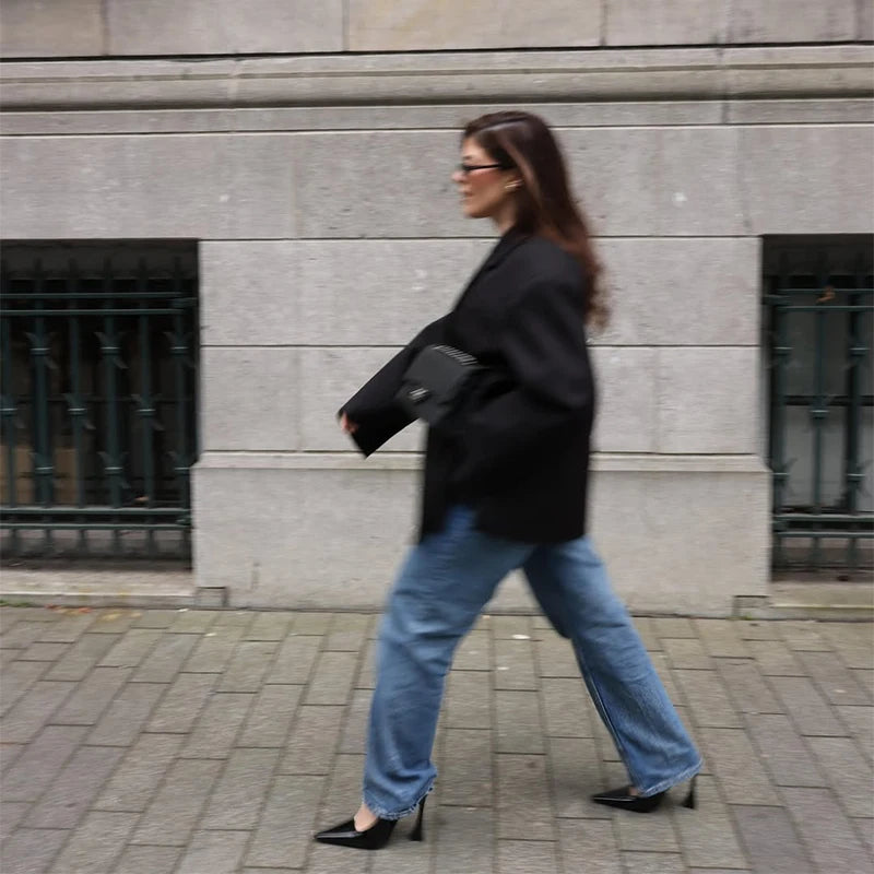 Casual Oversize Lapel Single Breasted Suit Jackets Women Chic Full-Sleeve Pocket Blazer Coat Lady High Street Commute Outerwears