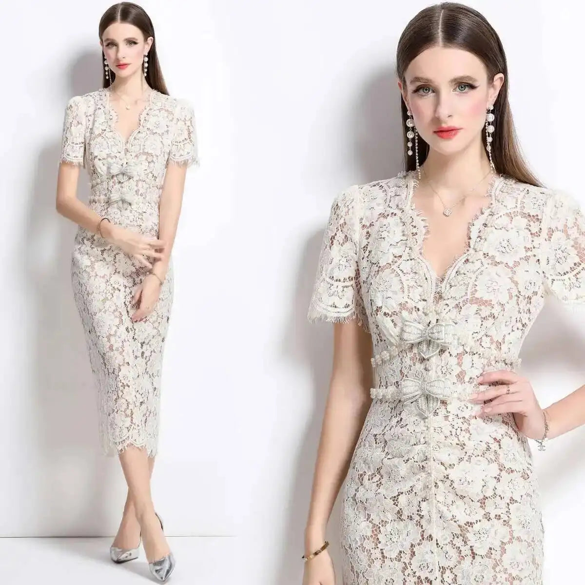 Luxury Crystal Bow Evening Formal Dress Women Summer Elegant Short Sleeve Hollow Out Pearl Embroidery Midi Long Lace Dresses