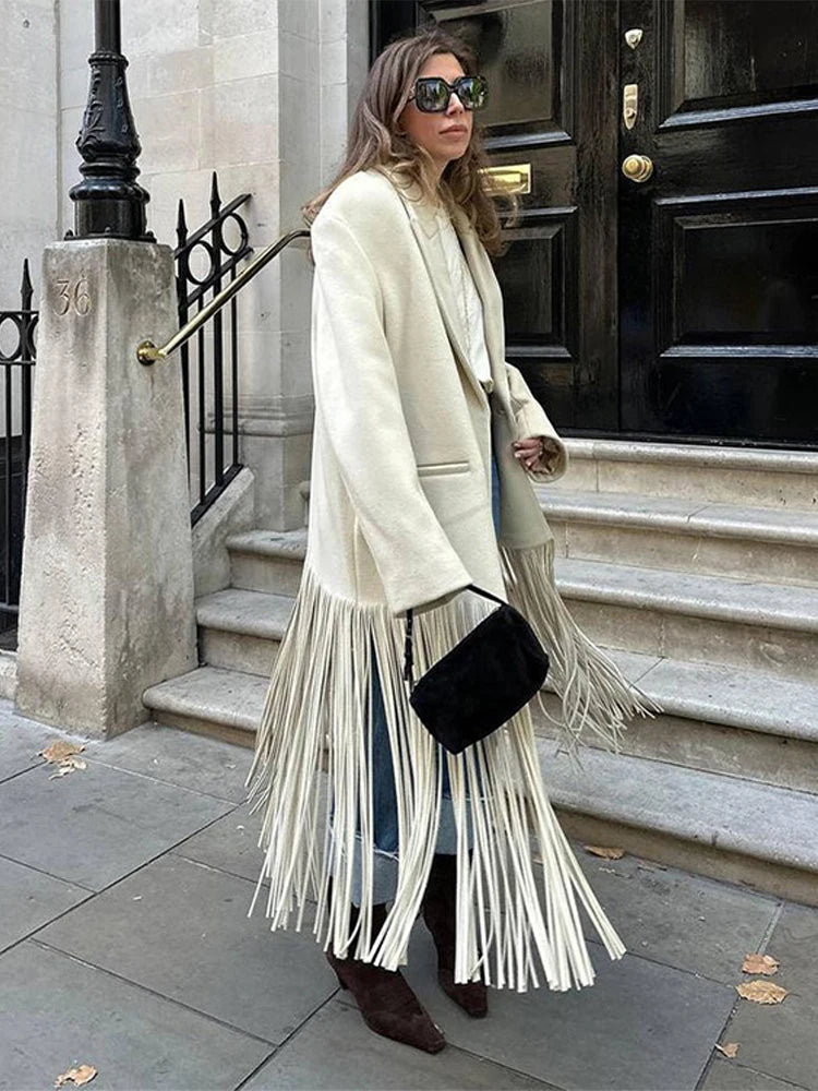 Vintage Tassel Solid Suit Trench Women Casual Lapel Single Button Long Tassels Jackets Coat Female Winter Chic Design Outwear