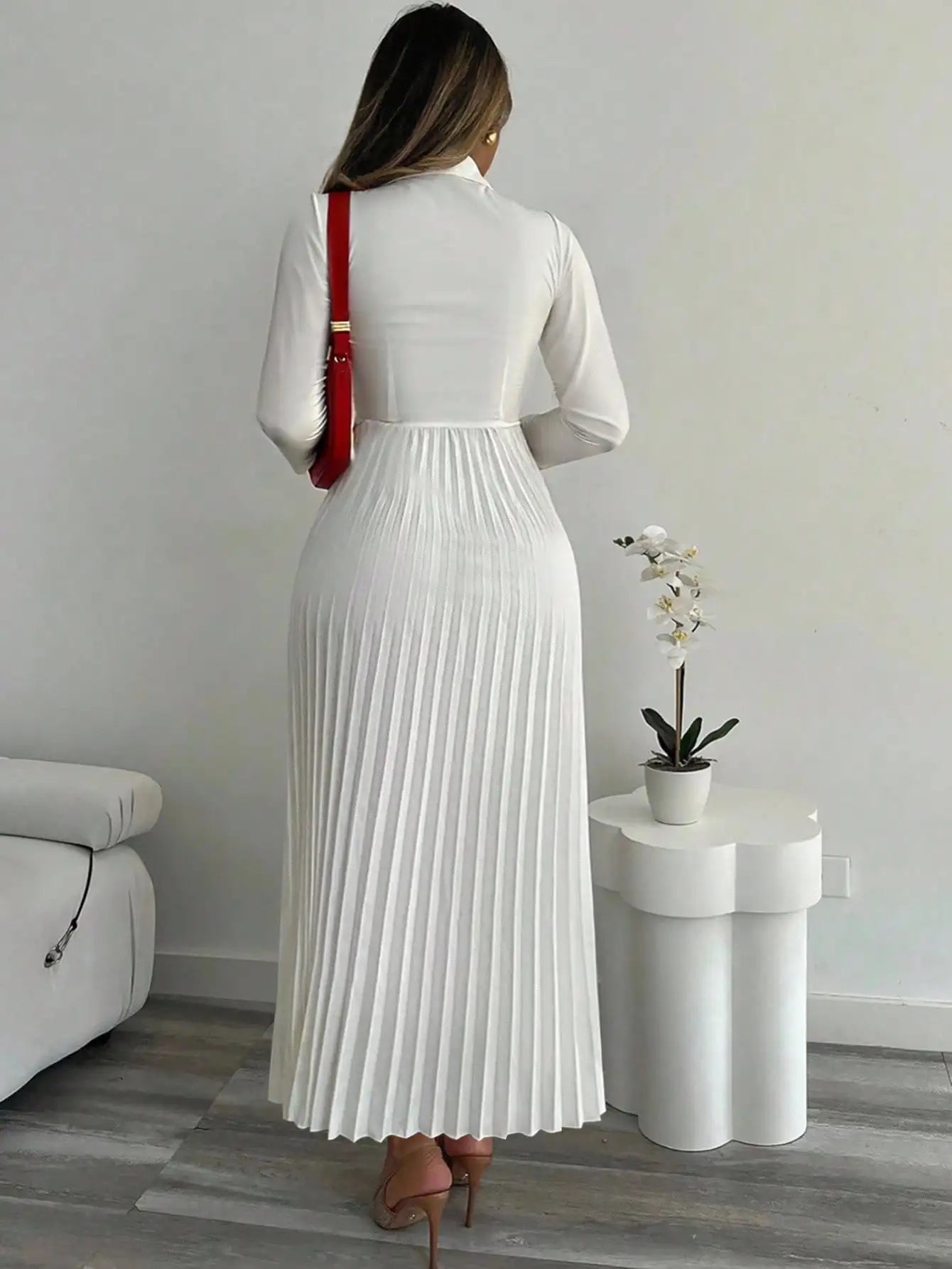 Women's Wrap Front Pleated Shirt Dress with Cinched Waist, Long Sleeve, V-Neck, Office to Evening Wear