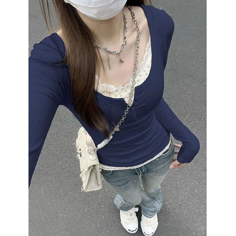 Xpqbb Women Streetwear Fake Two Pieces T-shirt Y2k Aesthetic Grunge Patchwork Lace Tees Female Fall Winter Slim Bottoming Tops