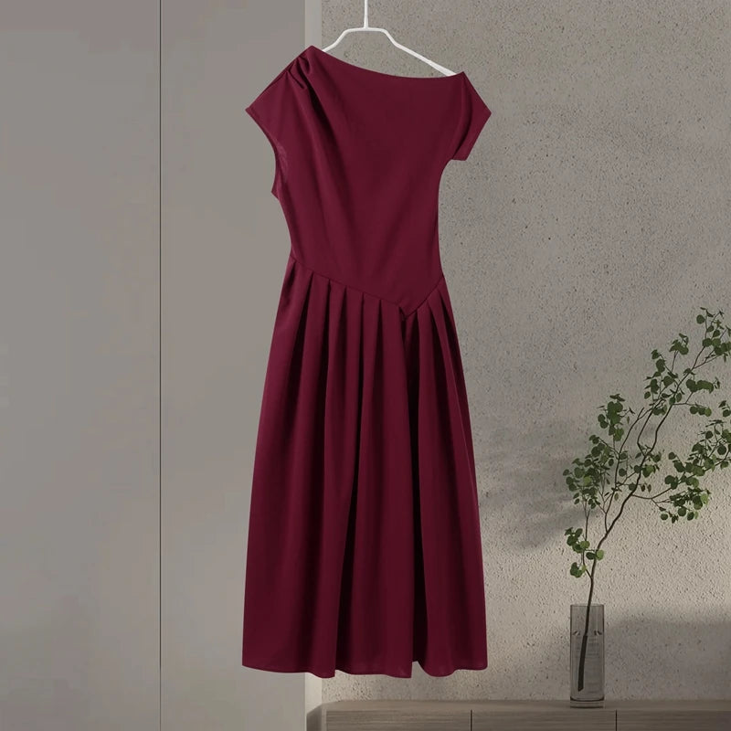 Elegant Long Dress Women Loose Skew Collar Sleeveless A Line Robe Female 2026 Spring Summer Solid Fashion High Waist Dress Lady