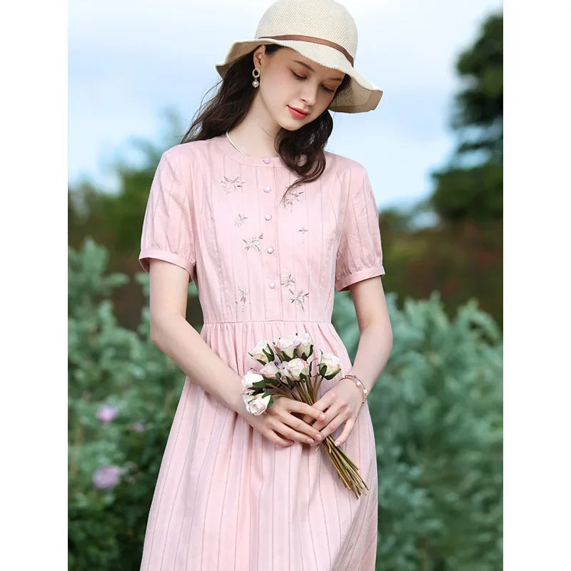 I BELIEVE YOU Women Dresses 2026 Summer Pink Embroidery Short Sleeve New Elegant Retro Slim Midi A-Line Chic Dress 2242055682