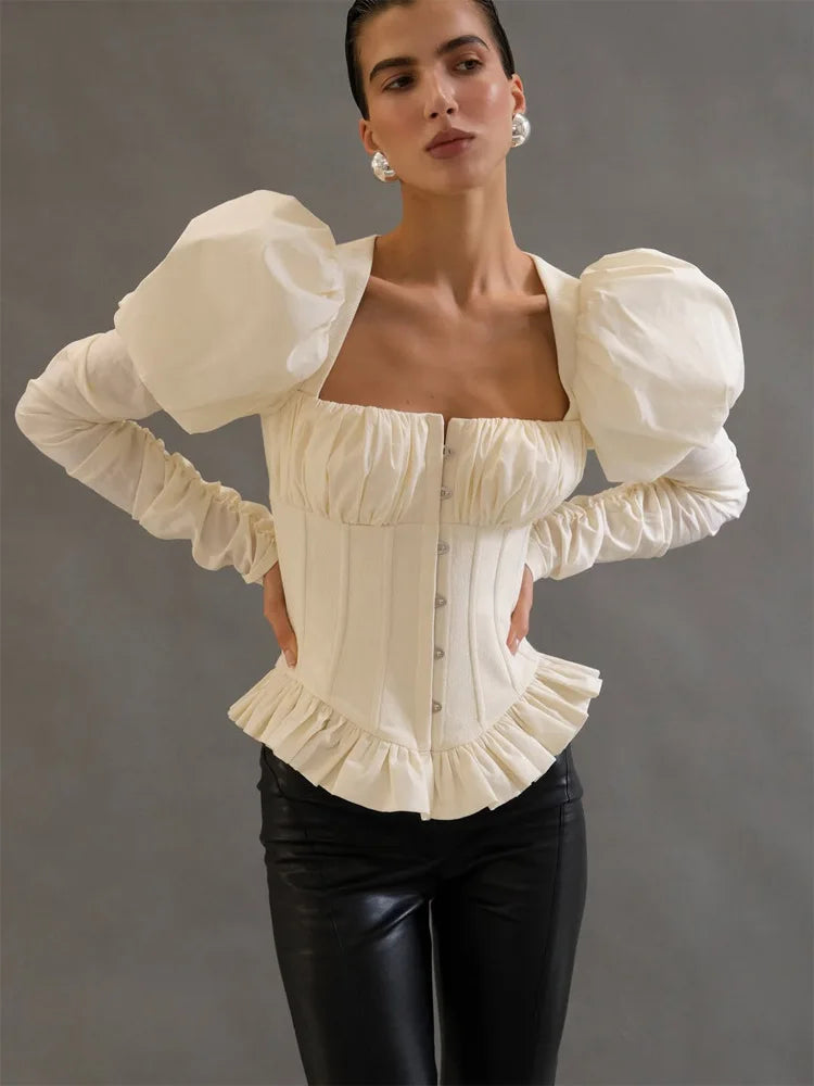 Spring Elegant Fishbone Pleated Shirt Women French Square Neck Puff Long Sleeves Backless Slim Blouses 2026 Lady Club Party Tops