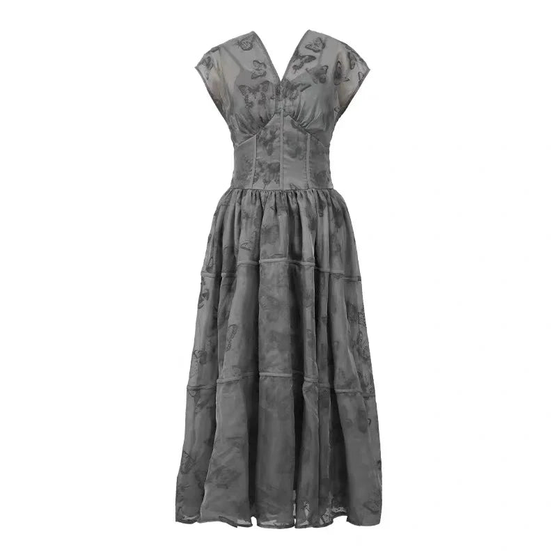 Women's French Retro Long Dress Fashion Grey Printed Short Sleeve Corset Large Swing Ball Gown Femme Party Banquet Vestidos