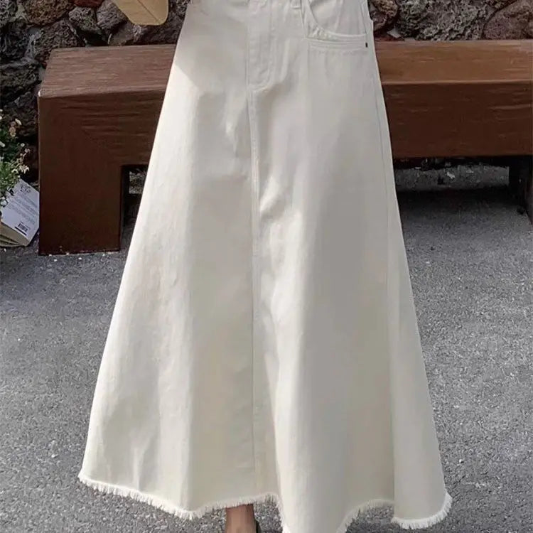 White High Waist A Line Denim Skirt Slimming Fashion Midi Bodycon Fishtail Skirt