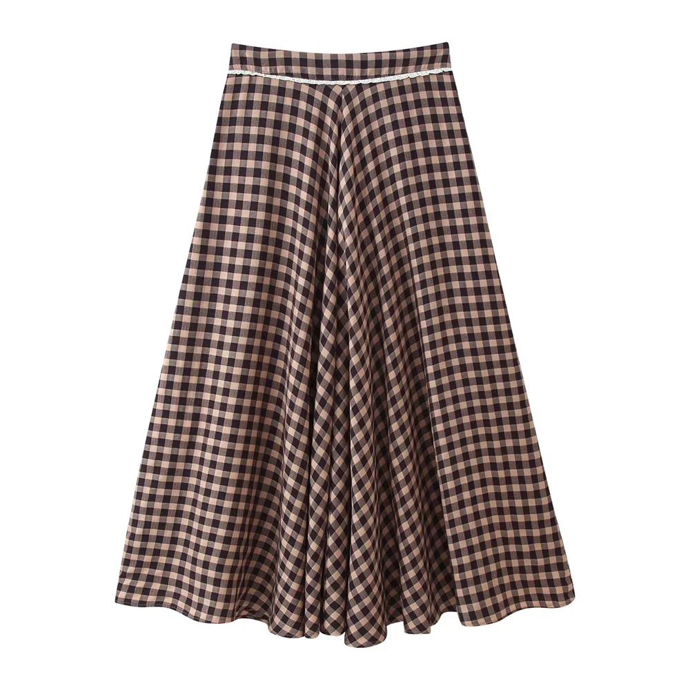 2026 new women's French casual versatile A-line hem high waist casual commuting small plaid lace skirt