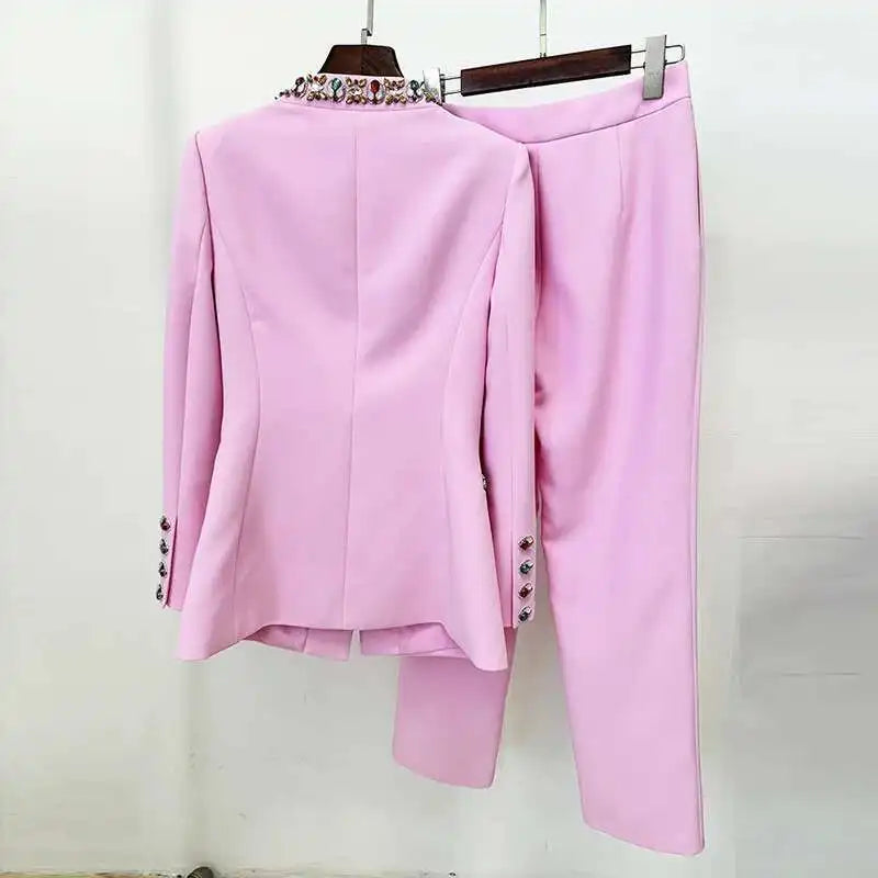 Luxury 2026 Spring Crystal Pants Suits Two Piece Sets Women's Blazers Long Trousers Pink Suit Coats Wide Leg Pants 2pcs Outfits