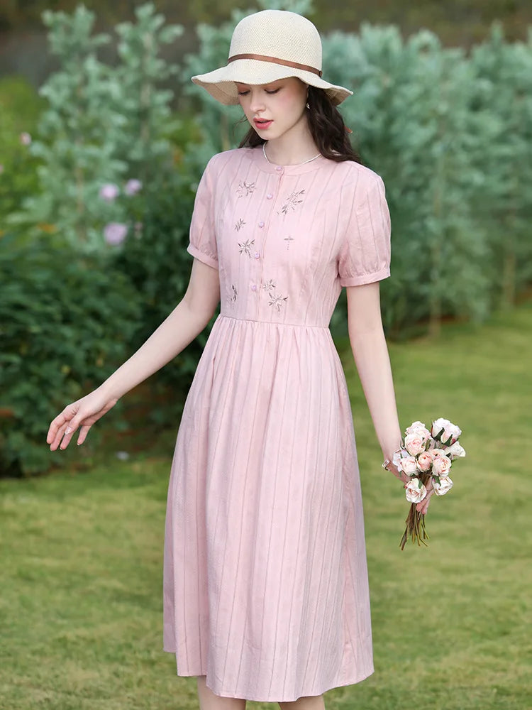 I BELIEVE YOU Women Dresses 2026 Summer Pink Embroidery Short Sleeve New Elegant Retro Slim Midi A-Line Chic Dress 2242055682