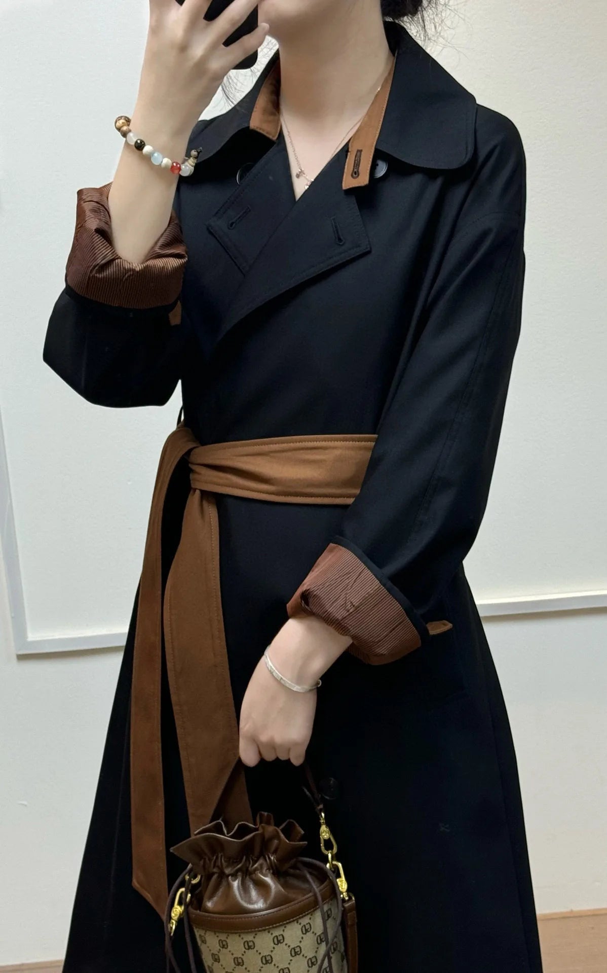 Autumn women's solid color mid-length trench coat