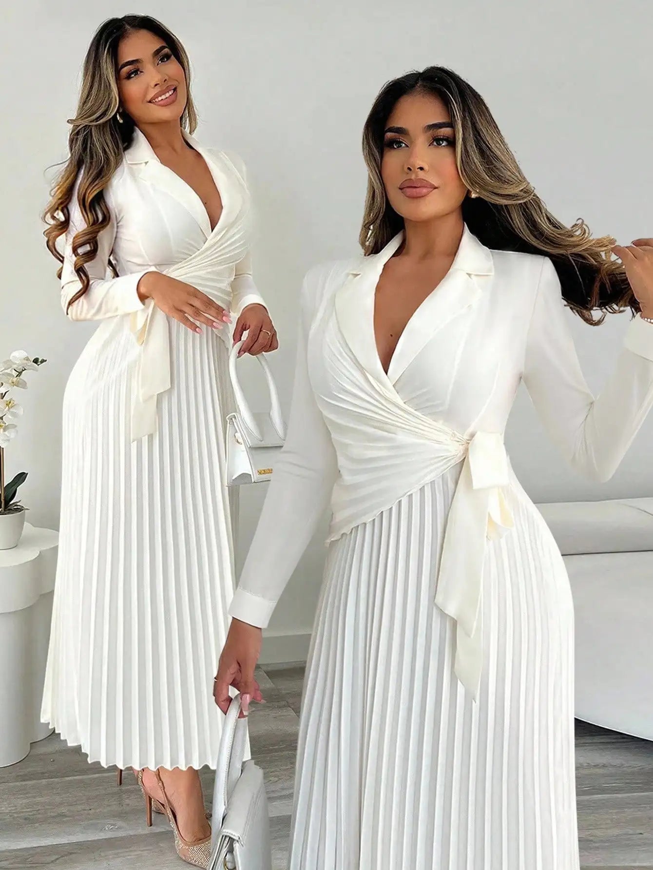 Women's Wrap Front Pleated Shirt Dress with Cinched Waist, Long Sleeve, V-Neck, Office to Evening Wear