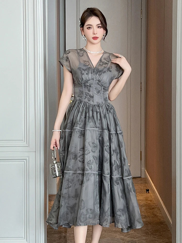 Women's French Retro Long Dress Fashion Grey Printed Short Sleeve Corset Large Swing Ball Gown Femme Party Banquet Vestidos