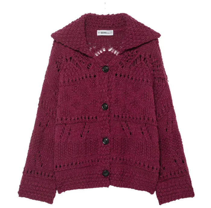 Women's Knit Cardigan Coat 2026 Spring Revere Collar Long Sleeve Button Plain Sweater Tops Female Fashion Loose Hollow Coats