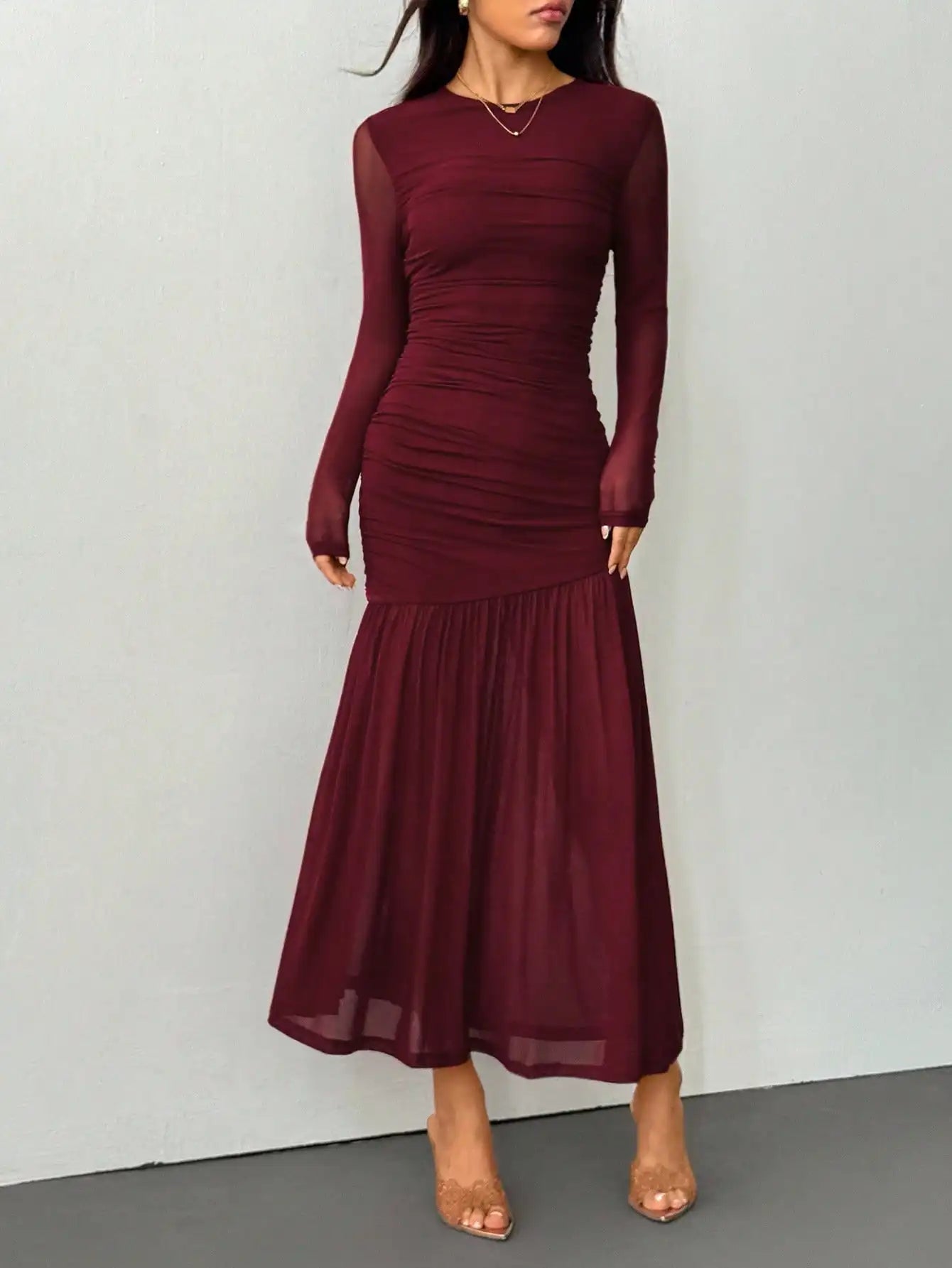 Burgundy Long Sleeve Round Neck Mesh Midi Dress with Ruched Bodice