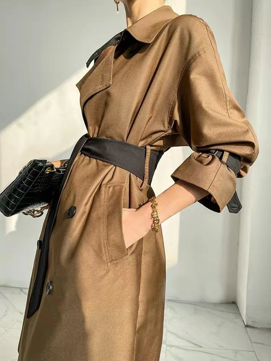 Autumn women's solid color mid-length trench coat