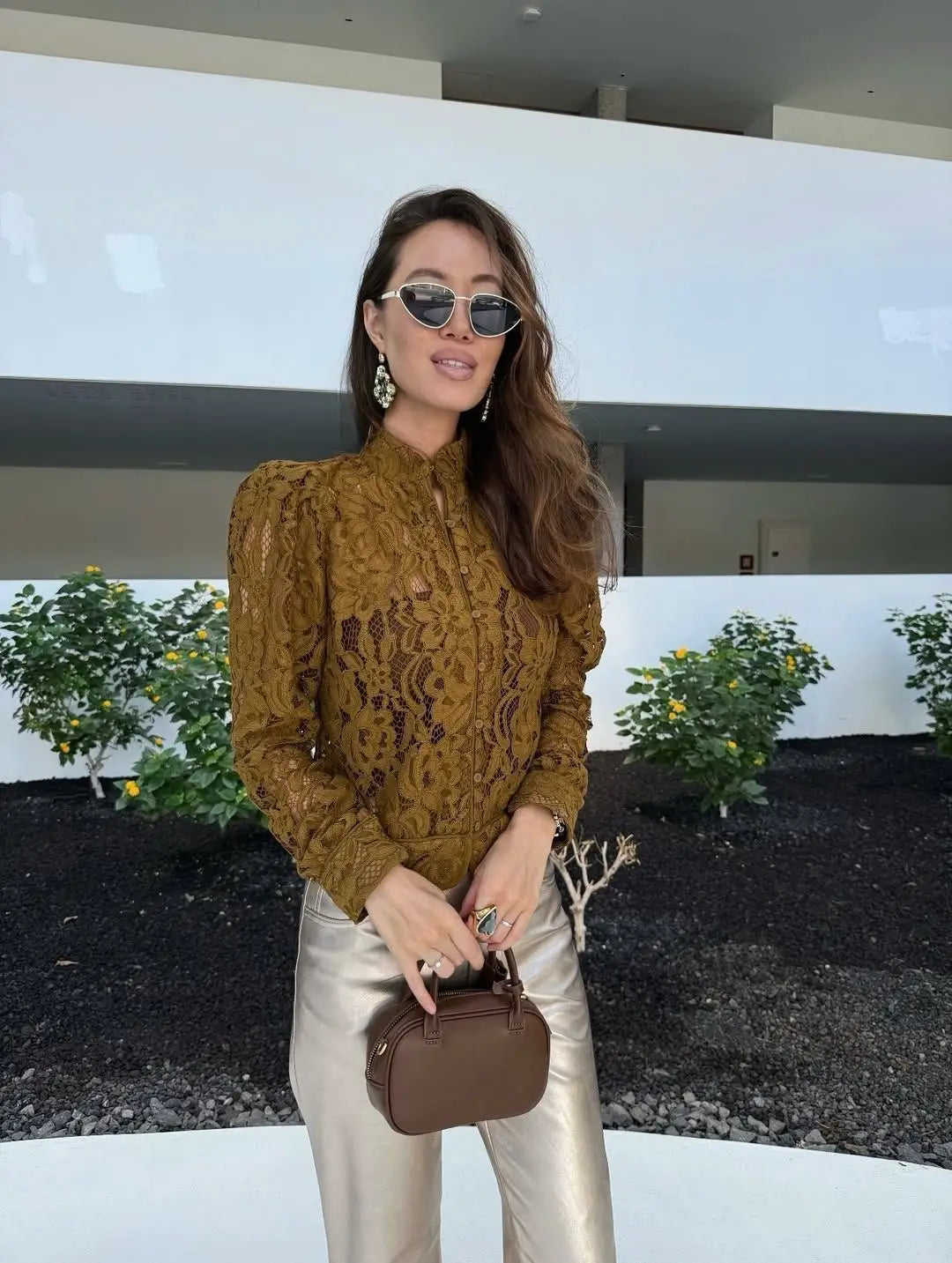 2026 Spring New See Through Lace Shirt Women Solid O Neck Long Sleeve Single Breasted Shirts Fashion New Female Blouse Tops