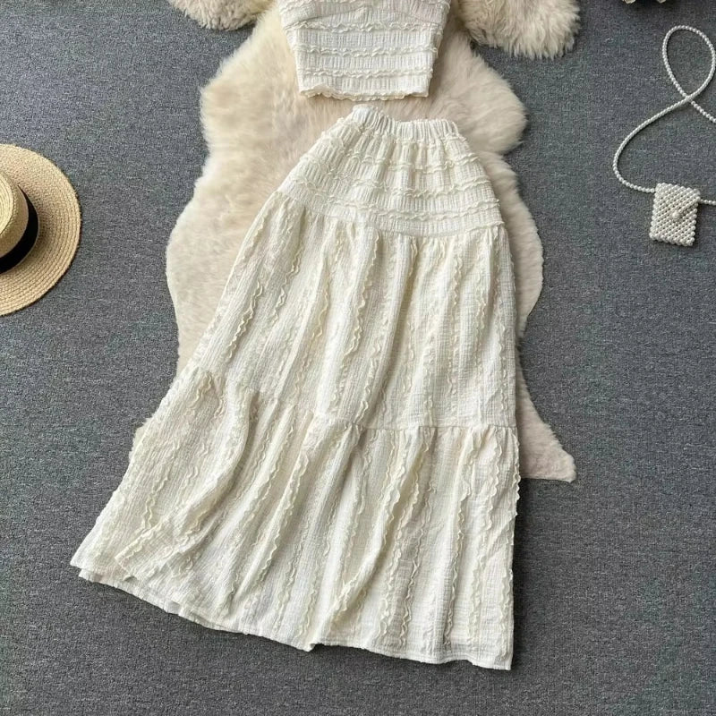 ITOOLIN Women Sexy Camisole+A Line Long Skirt Fashion Elastic Bohemian Suits Woman Summer Lace Patchwork Beach Two Pieces Sets