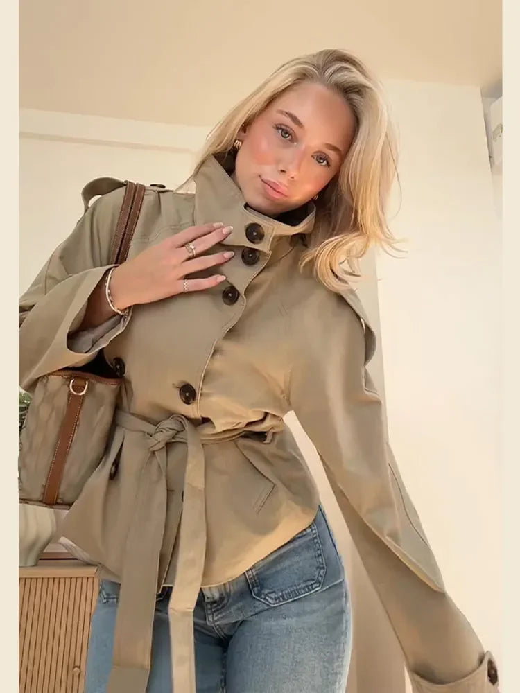 Women Solid Lace Up Trench Coat Elegant High Neck Double Breasted Full Sleeve Windbreaker Lady Fashion Street Casual Daily Coats
