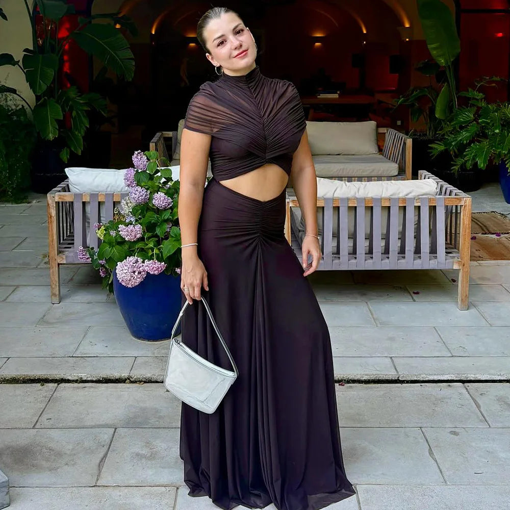 New Ruched Irregular Mesh Dress Women Patchwork High Neck Short Sleeve Hollow Out Long Dresses Female Party Maxi Dresses Outfits