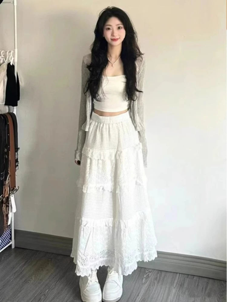 Spring Summer New Women Skirts Vintage High Waist Elastic Patchwork White Black Chic Long Cake A-line Skirt